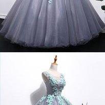 Unique Gray Tulle Long Winter Formal Prom Dress..