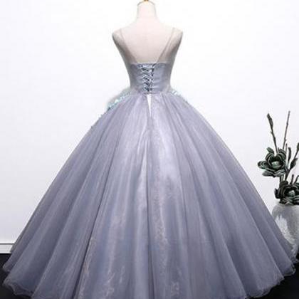 Unique Gray Tulle Long Winter Formal Prom Dress..