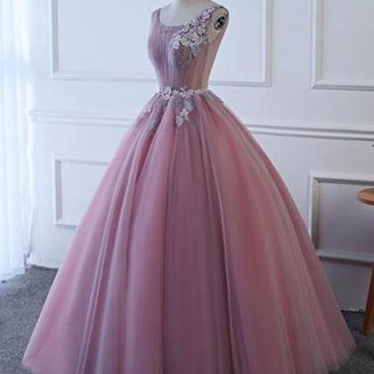 Pink Tulle Floor Length Senior Prom Dress With..