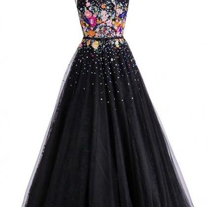 Cute Tulle Round Neck Flowers Long Dresses,prom..
