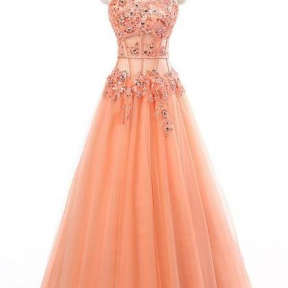 Orange Tulle A-line Beading Formal Long Dress..