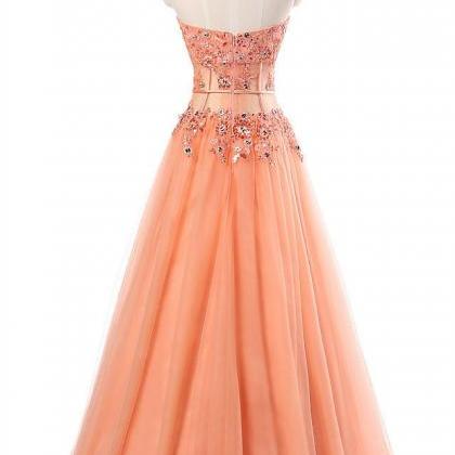 Orange Tulle A-line Beading Formal Long Dress..