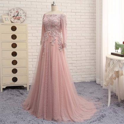 Long Sleeves Tulle Prom Dress Off The Shoulder..