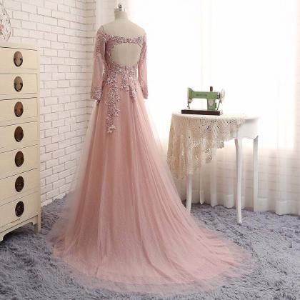 Long Sleeves Tulle Prom Dress Off The Shoulder..
