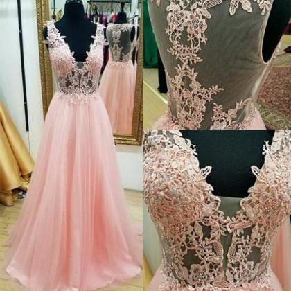 V-neck Pink Tulle Prom Dresses Lace Appliques..