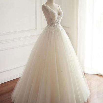 Charming V Neck White Tulle Wedding Dresses,..
