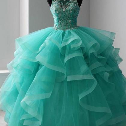 Blue Ball Gown Prom Dresses Jewel Appliques..