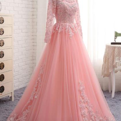 A-line Pink Tulle Lace Appliques Long Sleeve Prom..