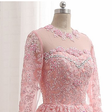 A-line Pink Tulle Lace Appliques Long Sleeve Prom..