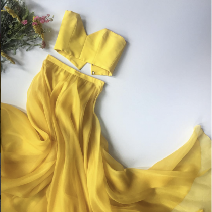 Bright Yellow Strapless Crop Top Two Pieces Long..