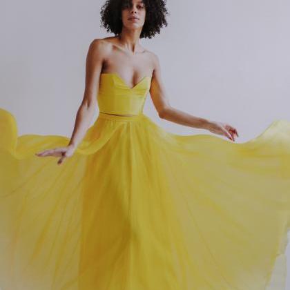 Bright Yellow Strapless Crop Top Two Pieces Long..