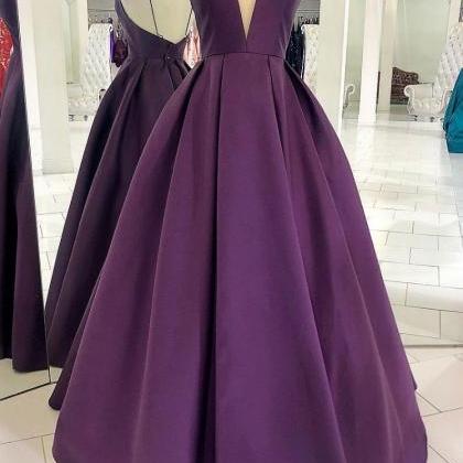 Purple Satin Long Prom Dress, Simple Purple..