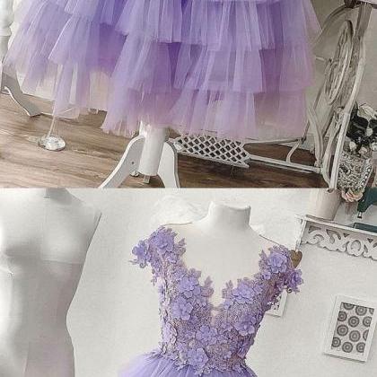 Purple Tulle Appliqué Short Prom Dress,..