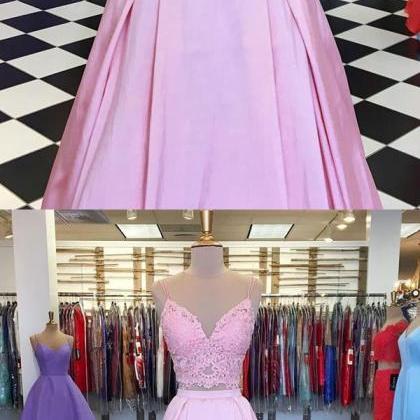 Pink Two Pieces Lace Long Prom Dress, Pretty..