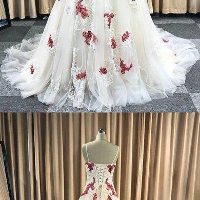 Cute Gorgeous Ivory Tulle Red Lace Applique Long..