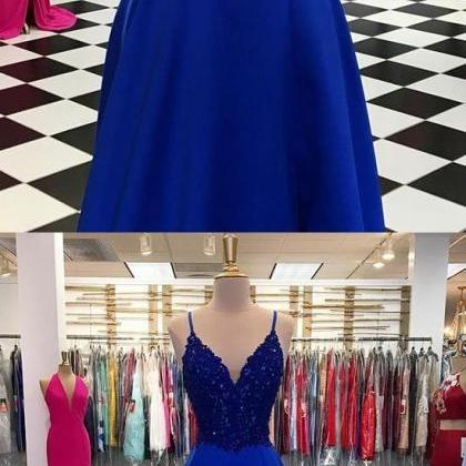 Royal Blue V Neck Lace Long Prom Dress, Evening..