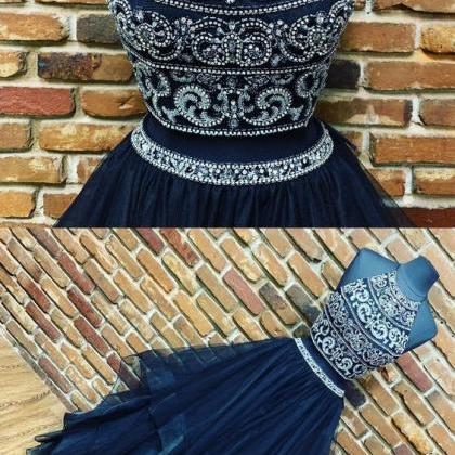 Navy Blue Beaded Two Piece Prom Dress, Tulle..