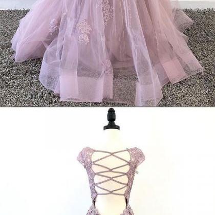 Pink Tulle Lace Long Prom Dress, Pink Tulle Lace..