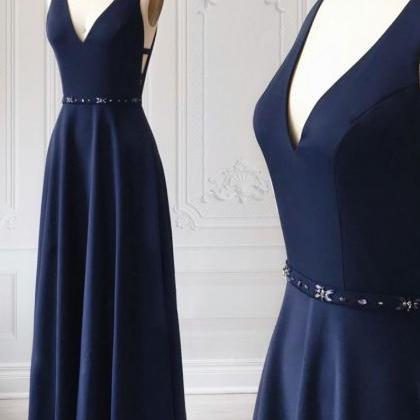 Simple Blue V Neck Long Prom Dress, Blue Evening..