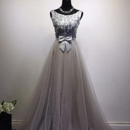 Gray Party Dress Scoop Neck Evening Dress Tulle..
