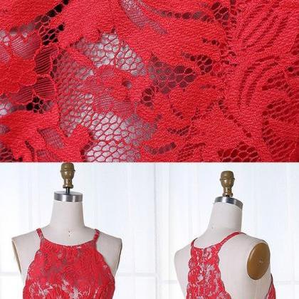 Round Neck Short Red Lace Homecoming Dress, Halter..