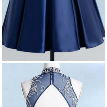 Navy Blue Sleeveless Beaded Homecoming Dresses,a..