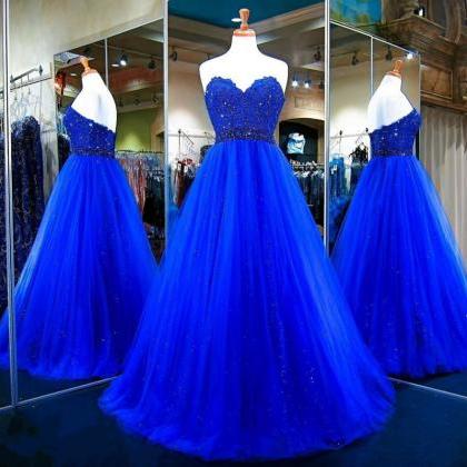 Strapless A-line Tulle Royal Blue Prom Dress Lace..