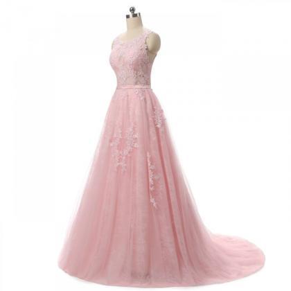Scoop Neck A-line Pink Tulle Prom Dress Lace..