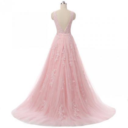 Scoop Neck A-line Pink Tulle Prom Dress Lace..