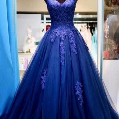 Blue Prom Dress,tulle Evening Dresses,appliques..