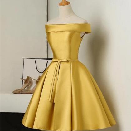 Gold Short Satin Off Shoulder Homecoming Dress,..