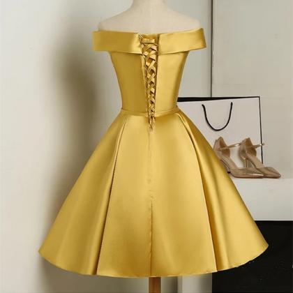 Gold Short Satin Off Shoulder Homecoming Dress,..
