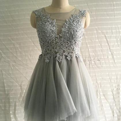 Silver Tulle Lace Short Homecoming Dresses Sheer..
