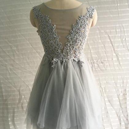 Silver Tulle Lace Short Homecoming Dresses Sheer..
