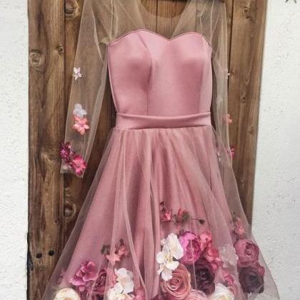 Pink V Neck 3d Applique Short Prom Dress, Pink..