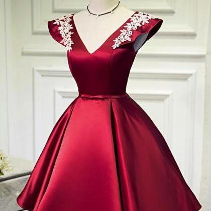 Wine Red Cap Sleeves Short Party Dresses, Satin..
