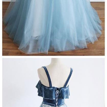 Tulle Lace Long Prom Dress, Blue Lace Formal..