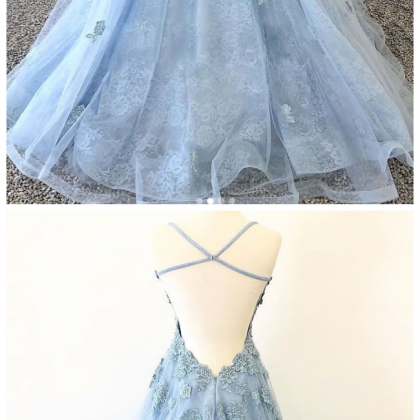 Tulle Lace Long Prom Dress, Blue Tulle Lace..