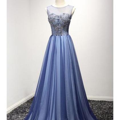 Unique Long Tulle Blue Formal Dress With Sparkly..