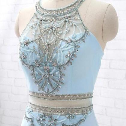 Mock Two Piece Light Blue Mermaid Prom Dress With..
