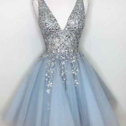 V-neck Light Sky Blue Homecoming Dress With..