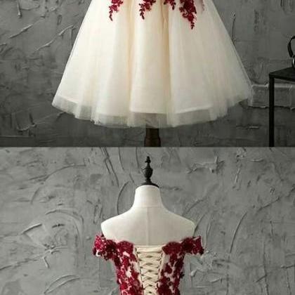 Burgundy Lace Tulle Short Prom Dress, Burgundy..