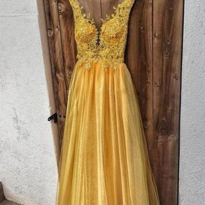 Yellow Lace Tulle Long Prom Dress, Yellow Evening..