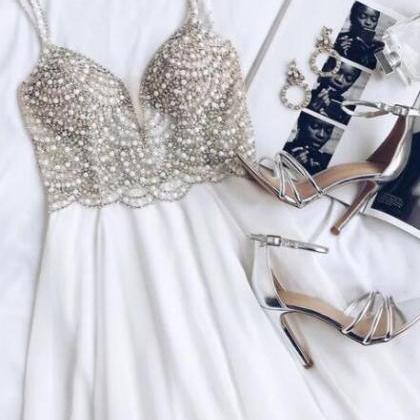 White Prom Dress, Beaded Rhinestone Maxi..