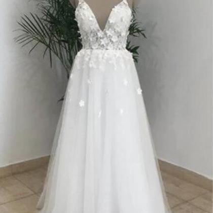 Simple White Tulle V Neck Beach Wedding Dress,..