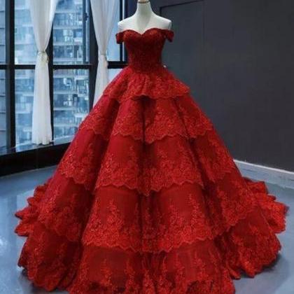 Red Lace Multi-layered Sweetheart Formal Prom..