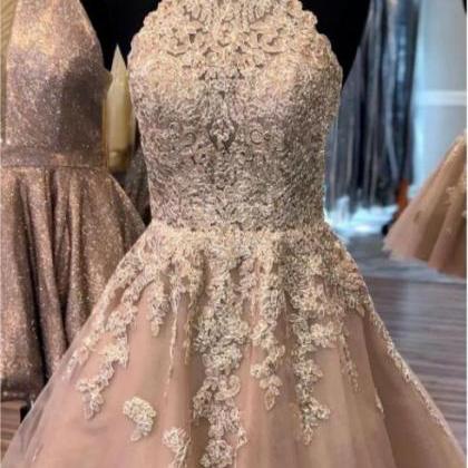 Champagne Lace Short Prom Dress, Lace Evening..