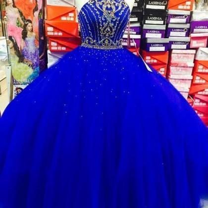 Royal Blue Halter Tulle Quinceanera Dresses,..