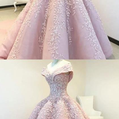 Off The Shoulder Ball Gown Pink Long Prom Dress..