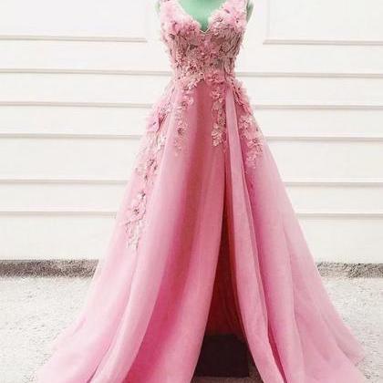 Tulle Long Split Prom Dresses Lace Flowers..